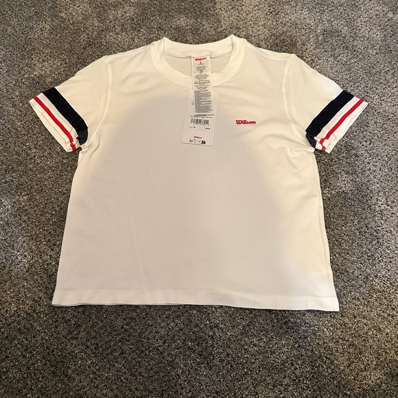 Wilson White and Red Short Sleeve Tee with Striped Sleeves - Picture 1 of 3